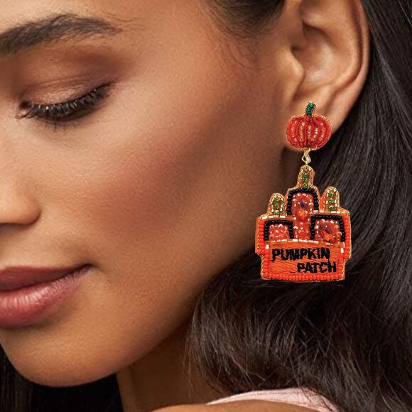 Pumpkin Patch Fall Autumn Theme Halloween Seed Beaded Earrings - Picture 2 of 6